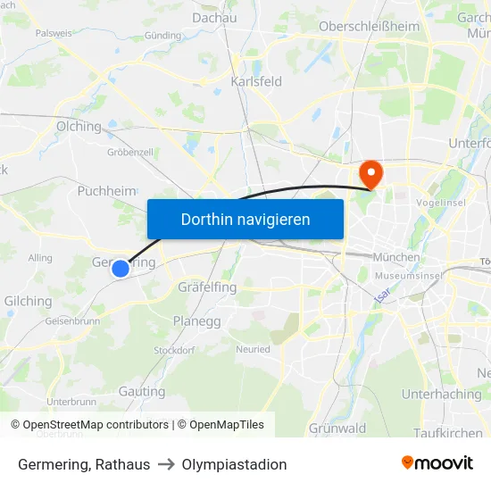 Germering, Rathaus to Olympiastadion map