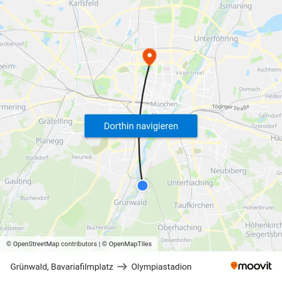 Grünwald, Bavariafilmplatz to Olympiastadion map
