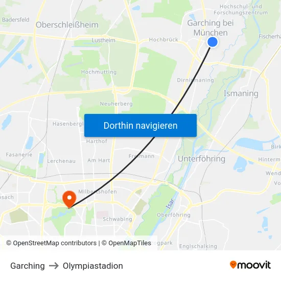 Garching to Olympiastadion map