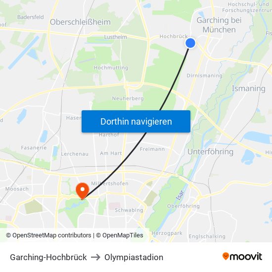 Garching-Hochbrück to Olympiastadion map