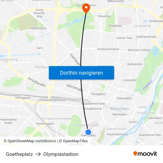 Goetheplatz to Olympiastadion map