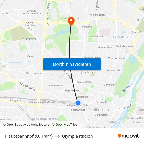 Hauptbahnhof (U, Tram) to Olympiastadion map