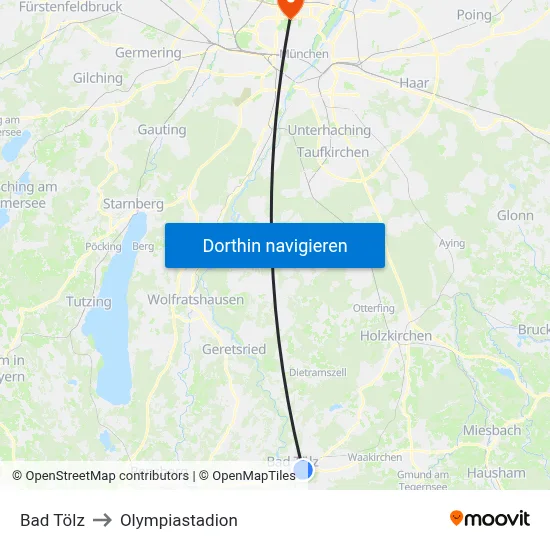 Bad Tölz to Olympiastadion map