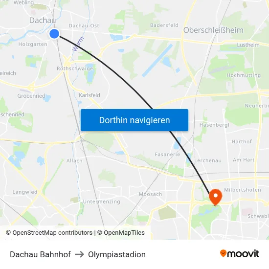 Dachau Bahnhof to Olympiastadion map