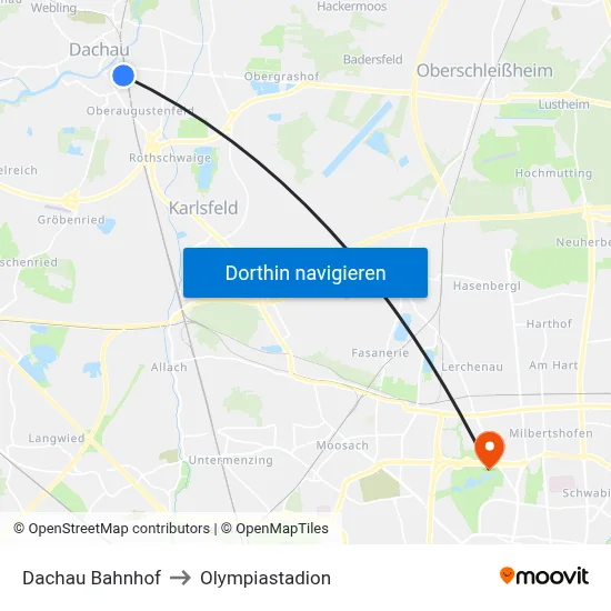 Dachau Bahnhof to Olympiastadion map