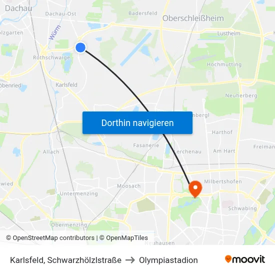 Karlsfeld, Schwarzhölzlstraße to Olympiastadion map