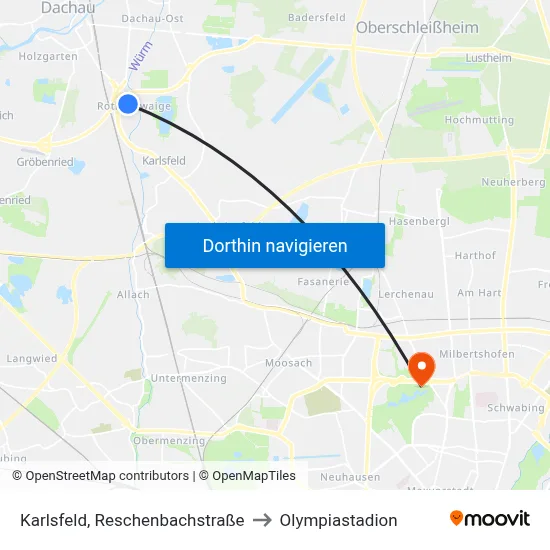 Karlsfeld, Reschenbachstraße to Olympiastadion map