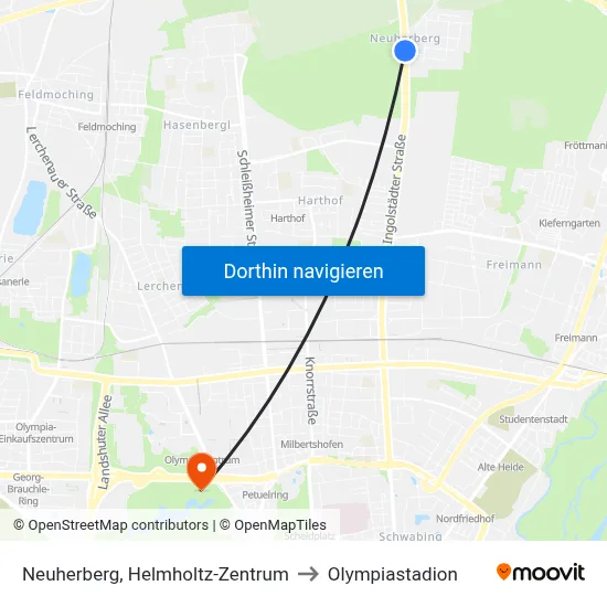 Neuherberg, Helmholtz-Zentrum to Olympiastadion map