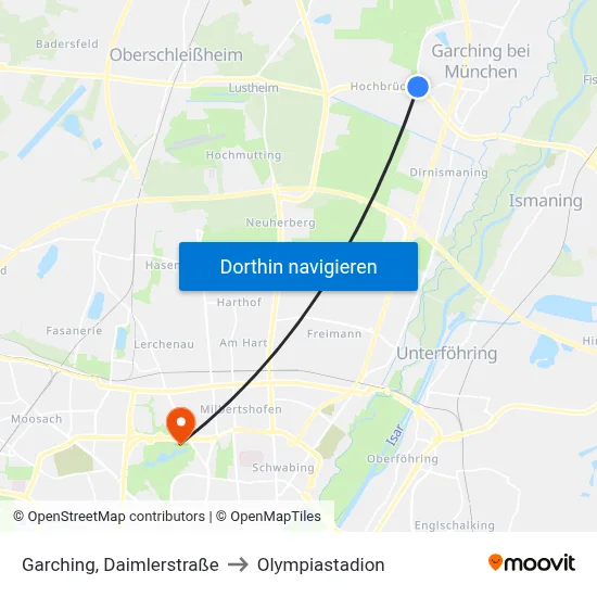 Garching, Daimlerstraße to Olympiastadion map