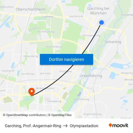 Garching, Prof.-Angermair-Ring to Olympiastadion map