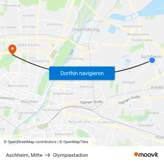 Aschheim, Mitte to Olympiastadion map