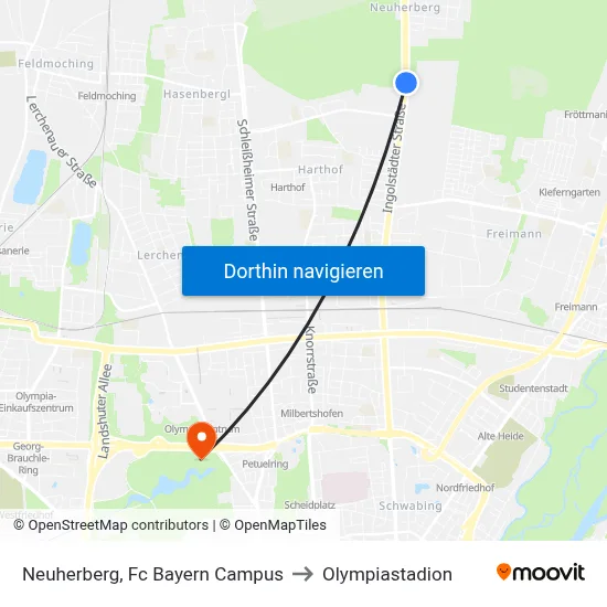 Neuherberg, Fc Bayern Campus to Olympiastadion map