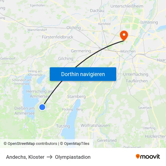 Andechs, Kloster to Olympiastadion map