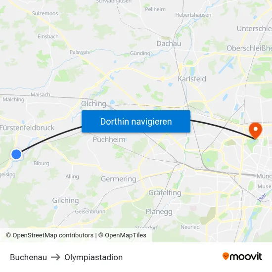 Buchenau to Olympiastadion map