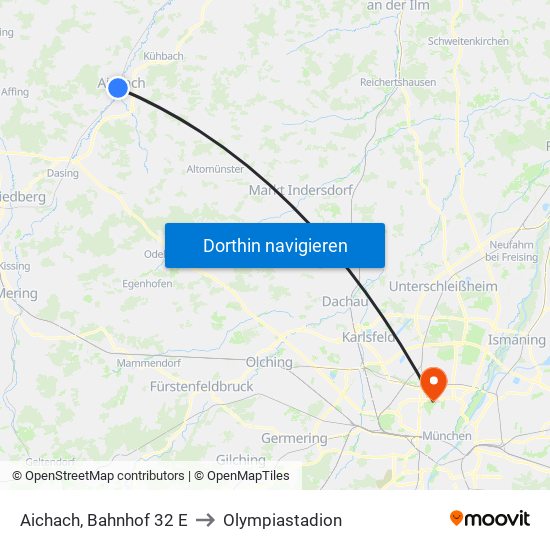 Aichach, Bahnhof 32 E to Olympiastadion map