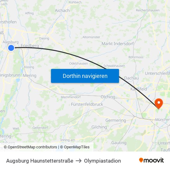 Augsburg Haunstetterstraße to Olympiastadion map