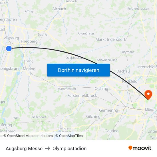 Augsburg Messe to Olympiastadion map