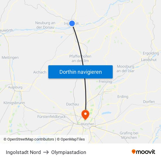 Ingolstadt Nord to Olympiastadion map