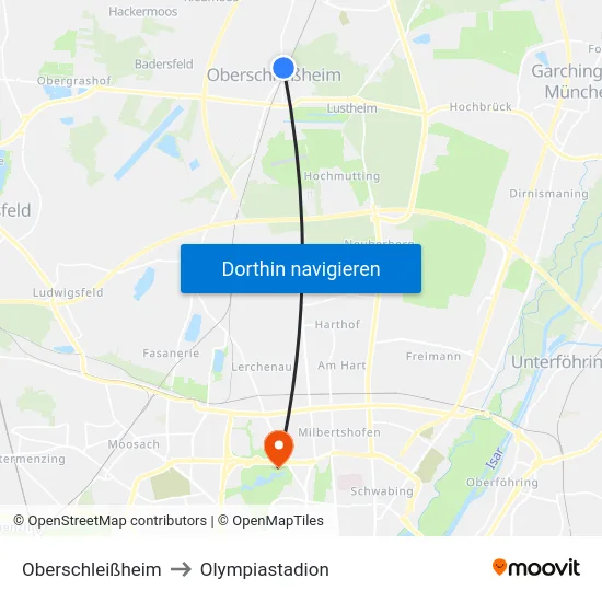 Oberschleißheim to Olympiastadion map