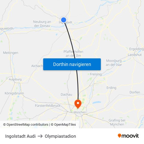 Ingolstadt Audi to Olympiastadion map