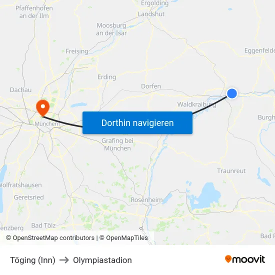 Töging (Inn) to Olympiastadion map