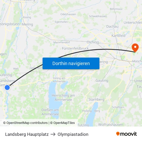 Landsberg Hauptplatz to Olympiastadion map