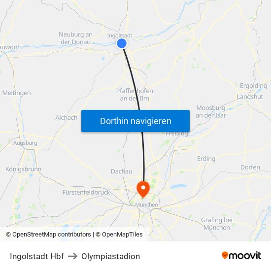 Ingolstadt Hbf to Olympiastadion map