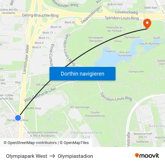 Olympiapark West to Olympiastadion map