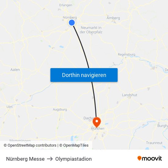 Nürnberg Messe to Olympiastadion map