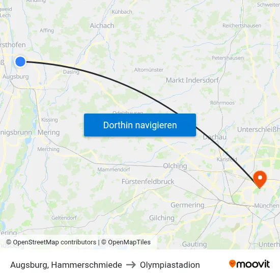 Augsburg, Hammerschmiede to Olympiastadion map