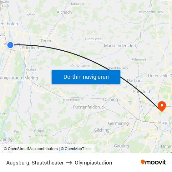 Augsburg, Staatstheater to Olympiastadion map