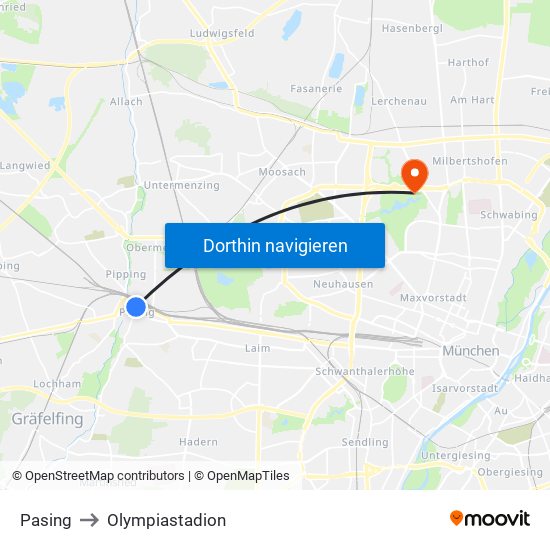 Pasing to Olympiastadion map