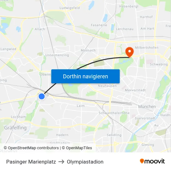 Pasinger Marienplatz to Olympiastadion map
