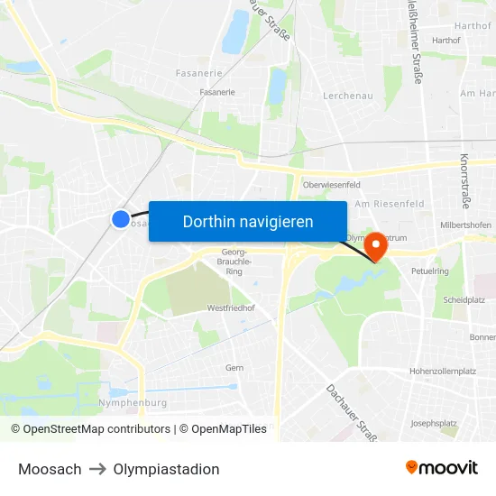 Moosach to Olympiastadion map