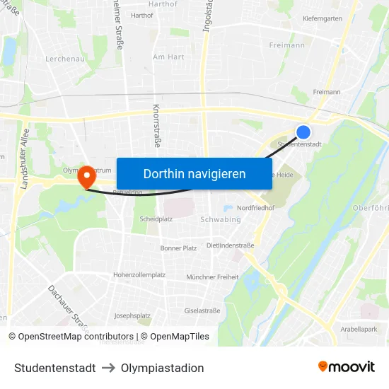 Studentenstadt to Olympiastadion map