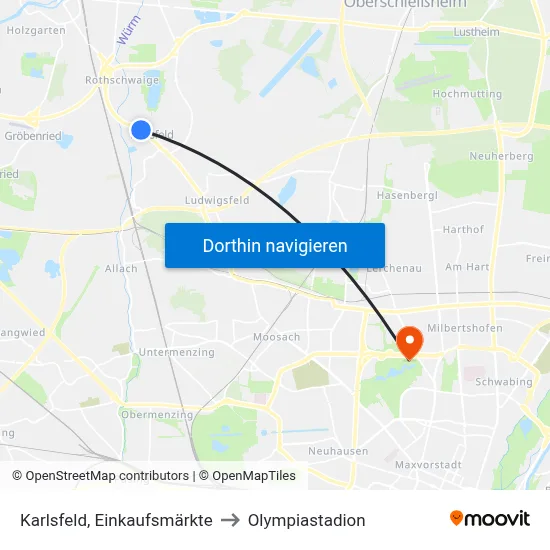 Karlsfeld, Einkaufsmärkte to Olympiastadion map