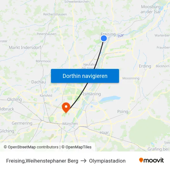 Freising,Weihenstephaner Berg to Olympiastadion map