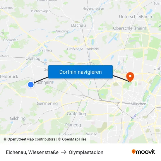 Eichenau, Wiesenstraße to Olympiastadion map