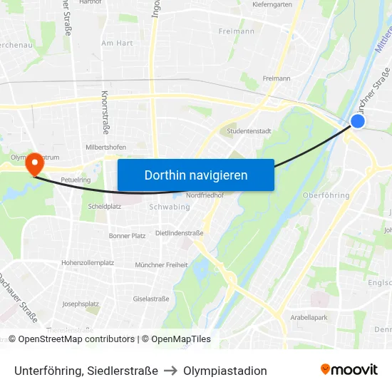 Unterföhring, Siedlerstraße to Olympiastadion map