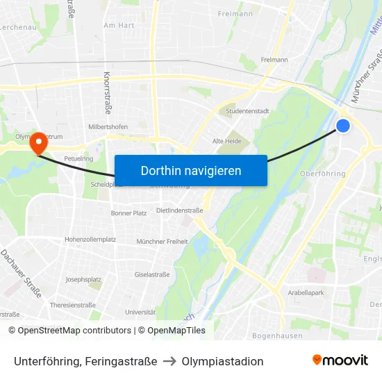 Unterföhring, Feringastraße to Olympiastadion map