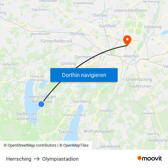 Herrsching to Olympiastadion map