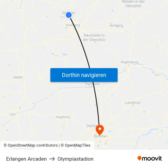 Erlangen Arcaden to Olympiastadion map