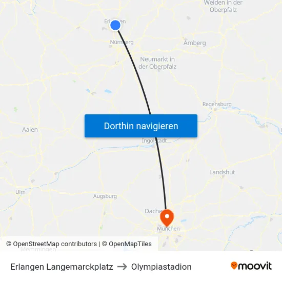 Erlangen Langemarckplatz to Olympiastadion map