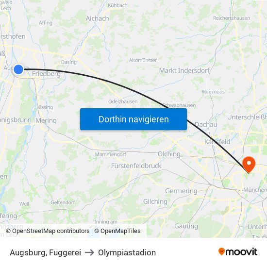 Augsburg, Fuggerei to Olympiastadion map