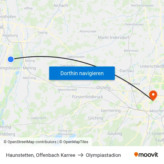 Haunstetten, Offenbach Karree to Olympiastadion map