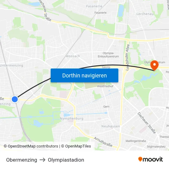 Obermenzing to Olympiastadion map