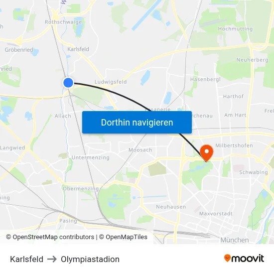 Karlsfeld to Olympiastadion map