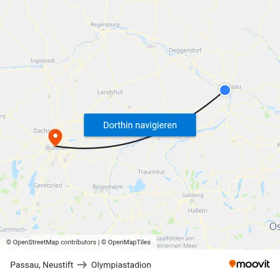 Passau, Neustift to Olympiastadion map