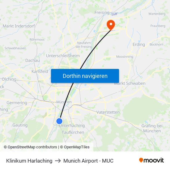 Klinikum Harlaching to Munich Airport - MUC map