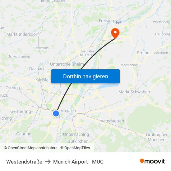 Westendstraße to Munich Airport - MUC map